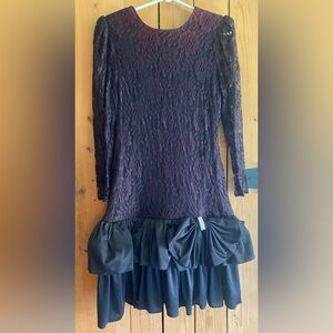 Vintage 80’s Black Lace and Satin Dress with Rhinestone Accent